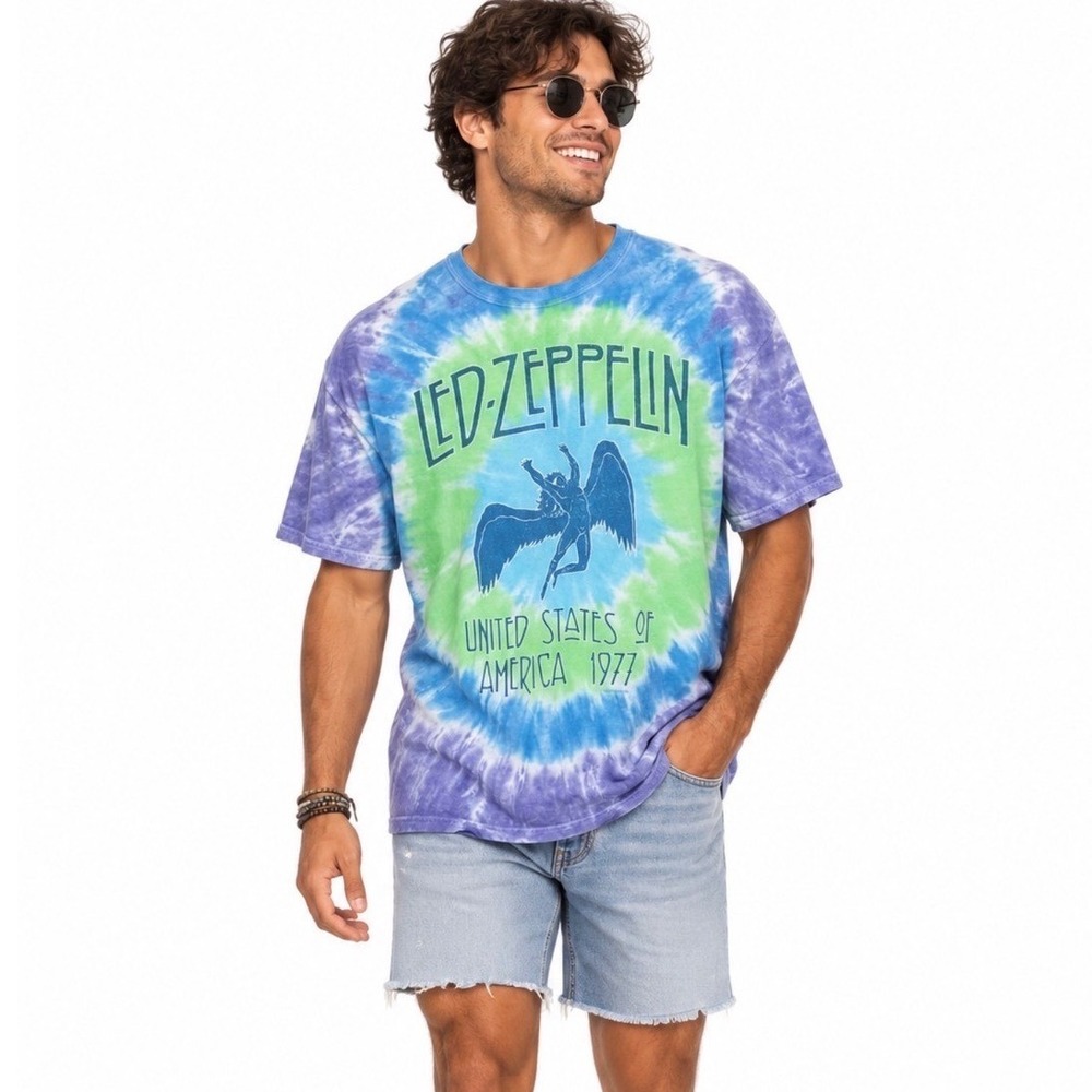 Liquid Blue Led Zeppelin 1977 US Tour Tie Dye Graphic T-Shirt Mens Size L Retro